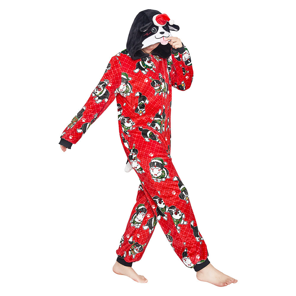 OLAOLA Red Printed Christmas Dog Pajamas Plush Animals Onesie Adult Soft Sleepwear Halloween Carnival Suit
