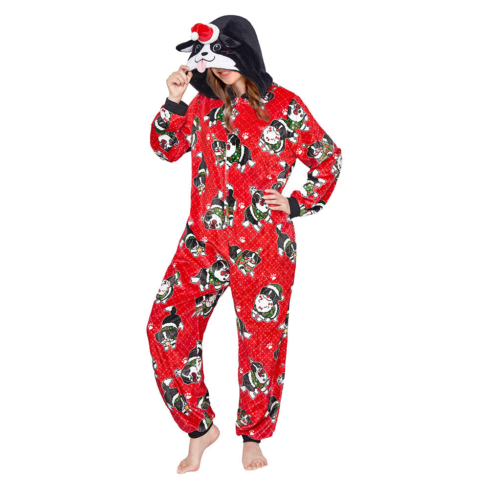 OLAOLA Red Printed Christmas Dog Pajamas Plush Animals Onesie Adult Soft Sleepwear Halloween Carnival Suit