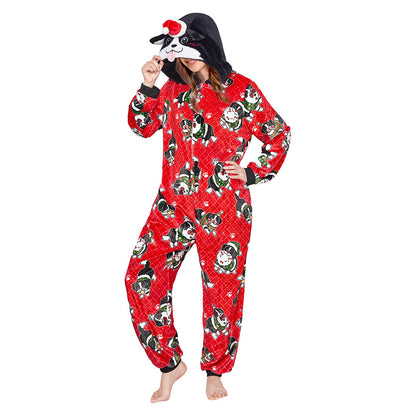 OLAOLA Red Printed Christmas Dog Pajamas Plush Animals Onesie Adult Soft Sleepwear Halloween Carnival Suit