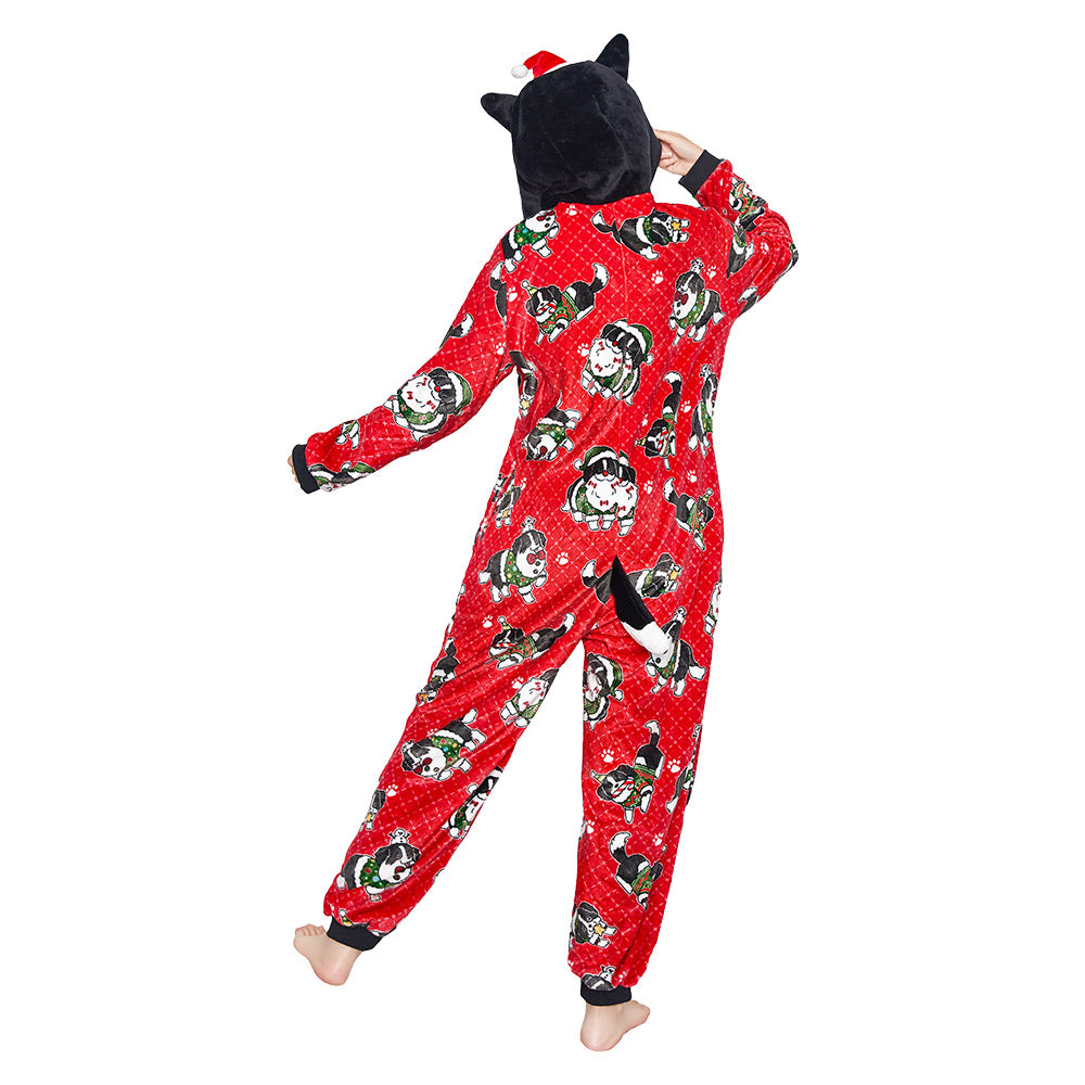OLAOLA Red Printed Christmas Dog Pajamas Plush Animals Onesie Adult Soft Sleepwear Halloween Carnival Suit