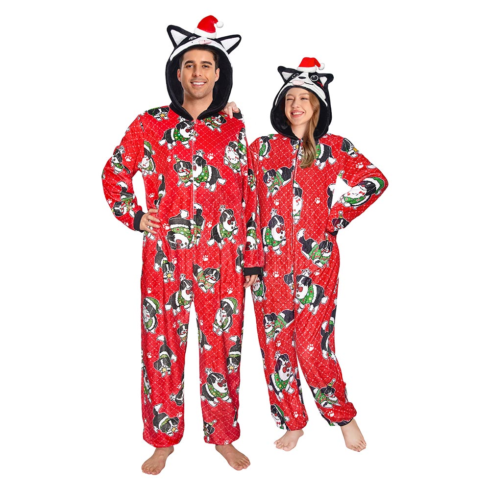 OLAOLA Red Printed Christmas Dog Pajamas Plush Animals Onesie Adult Soft Sleepwear Halloween Carnival Suit
