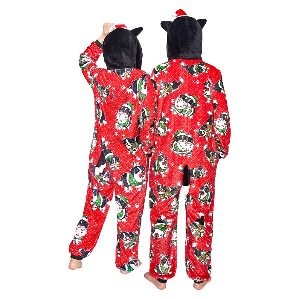 OLAOLA Red Printed Christmas Dog Pajamas Plush Animals Onesie Adult Soft Sleepwear Halloween Carnival Suit