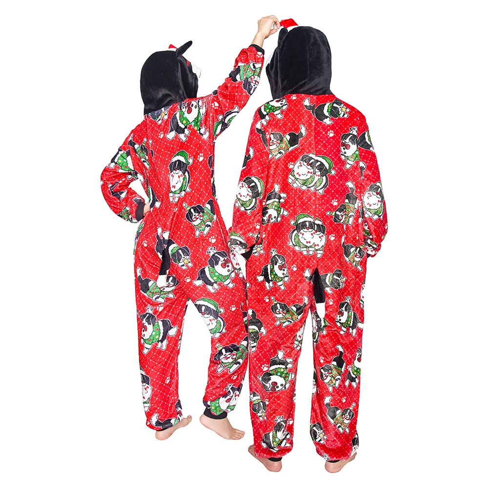 OLAOLA Red Printed Christmas Dog Pajamas Plush Animals Onesie Adult Soft Sleepwear Halloween Carnival Suit