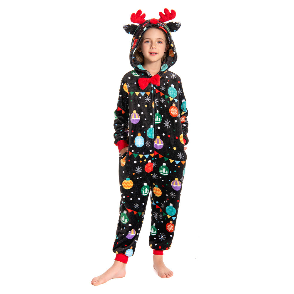 OLAOLA Kids Elk Printed Colored Lights Black Pajamas Plush Animals Onesie Sleepwear Christmas Party Suit