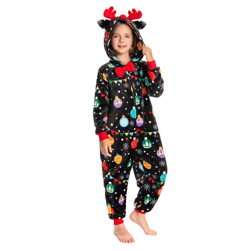 OLAOLA Kids Elk Printed Colored Lights Black Pajamas Plush Animals Onesie Sleepwear Christmas Party Suit