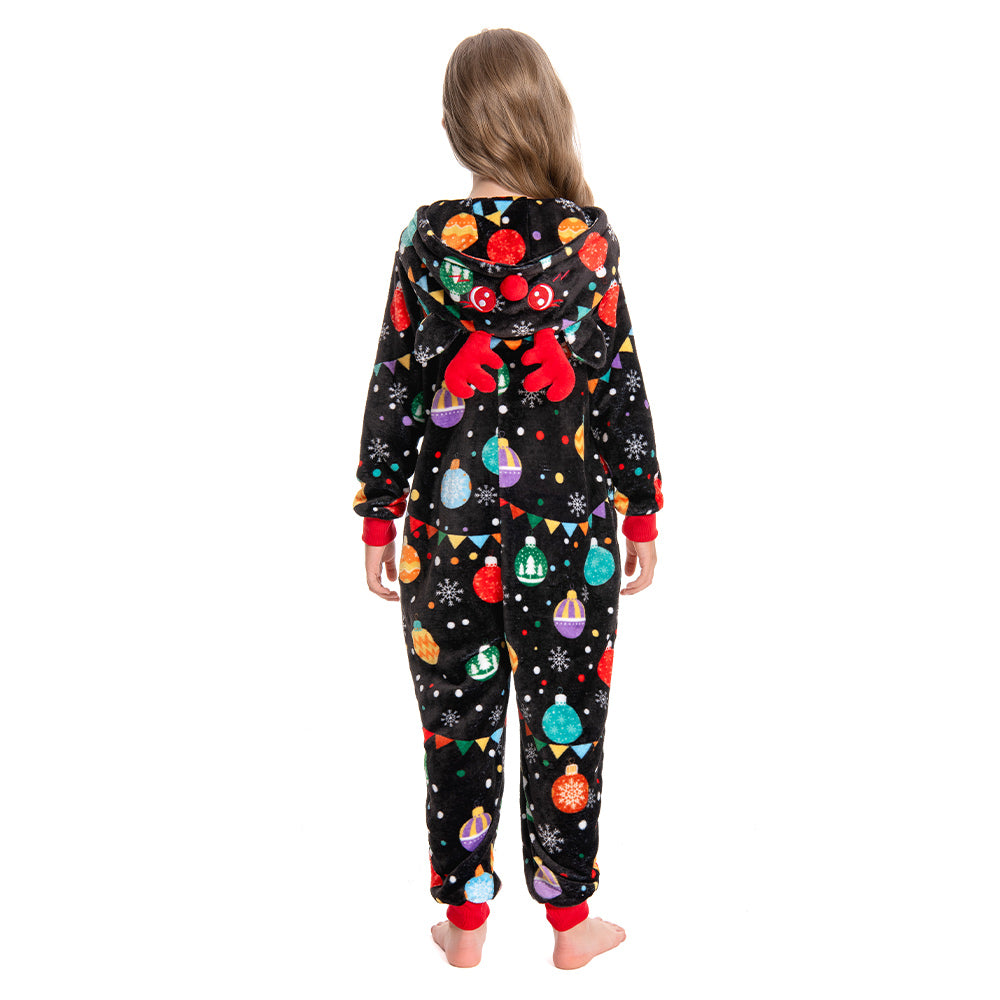 OLAOLA Kids Elk Printed Colored Lights Black Pajamas Plush Animals Onesie Sleepwear Christmas Party Suit