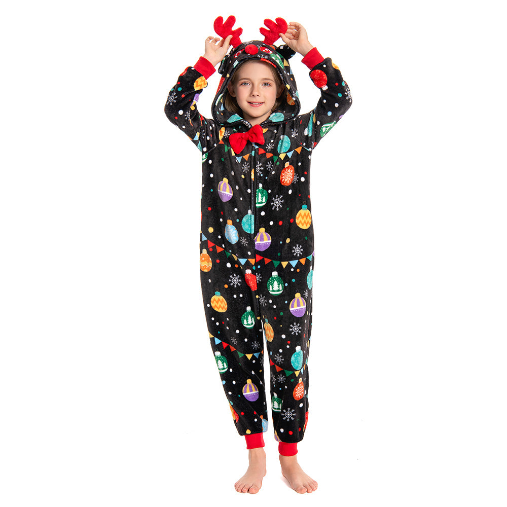 OLAOLA Kids Elk Printed Colored Lights Black Pajamas Plush Animals Onesie Sleepwear Christmas Party Suit