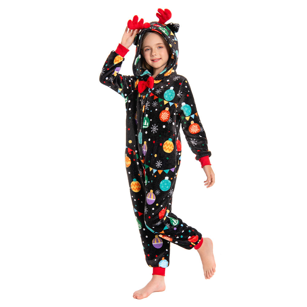 OLAOLA Kids Elk Printed Colored Lights Black Pajamas Plush Animals Onesie Sleepwear Christmas Party Suit