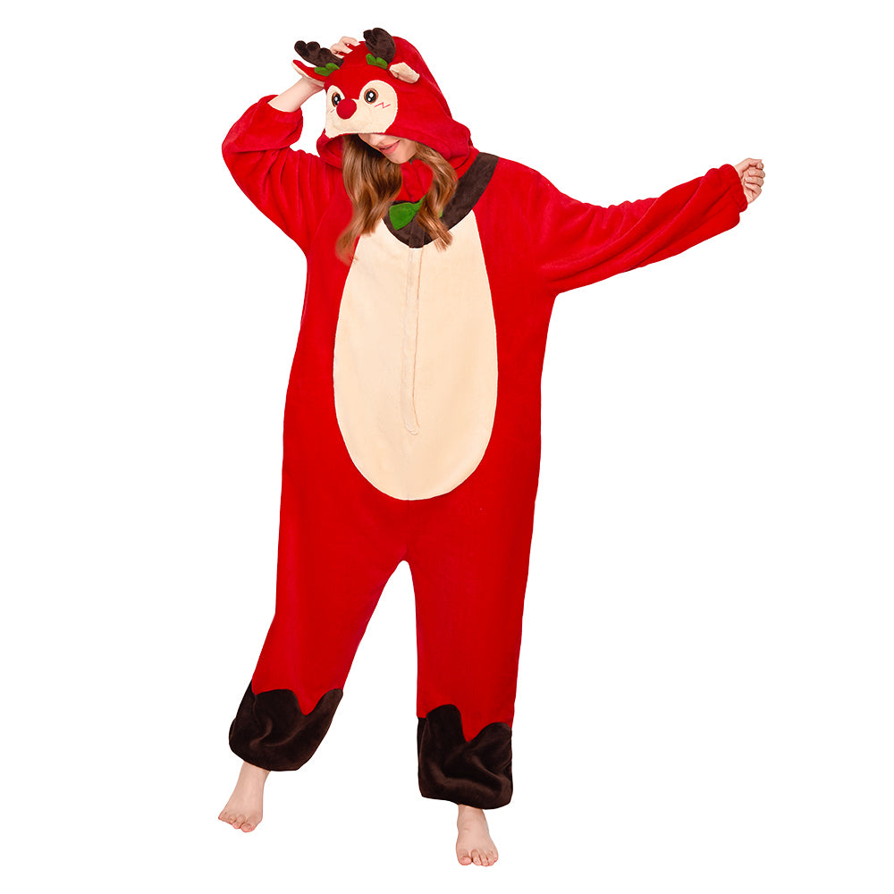 OLAOLA Red Reindeer Pajamas Unisex Plush Deer Animals Onesie For Adult Warm Home One-Piece Sleepwear Christmas Costume