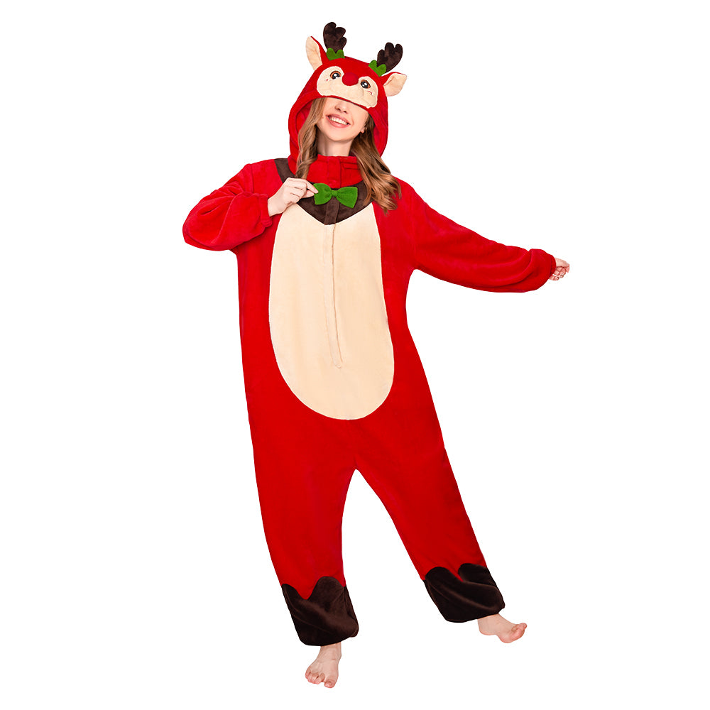 OLAOLA Red Reindeer Pajamas Unisex Plush Deer Animals Onesie For Adult Warm Home One-Piece Sleepwear Christmas Costume