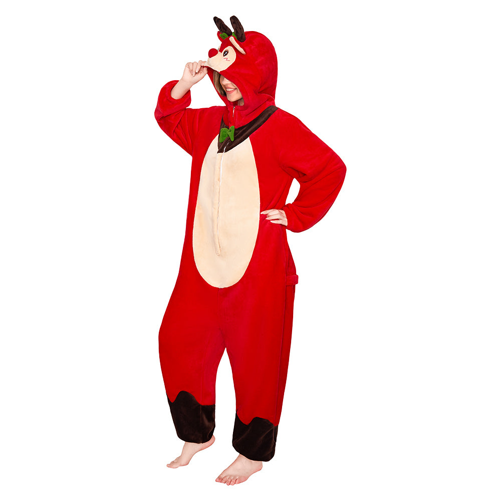 OLAOLA Red Reindeer Pajamas Unisex Plush Deer Animals Onesie For Adult Warm Home One-Piece Sleepwear Christmas Costume