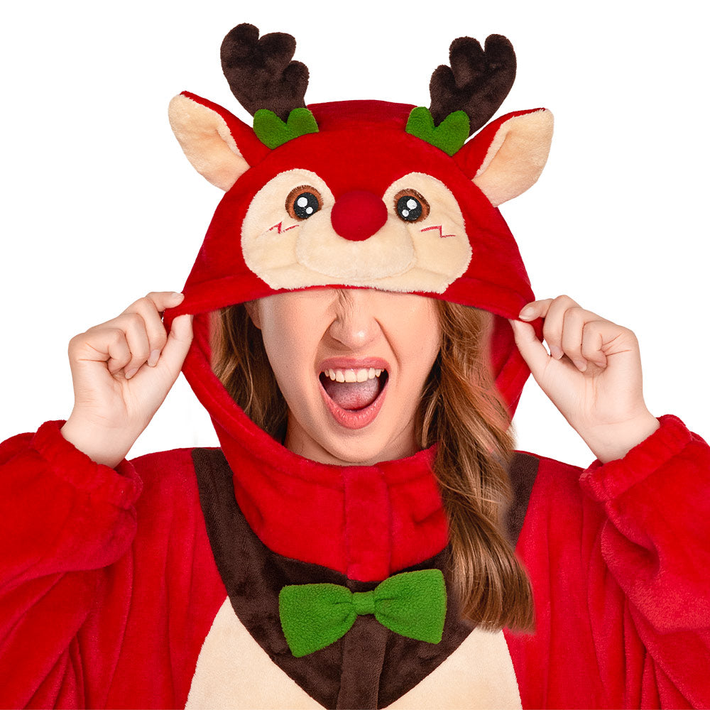 OLAOLA Red Reindeer Pajamas Unisex Plush Deer Animals Onesie For Adult Warm Home One-Piece Sleepwear Christmas Costume