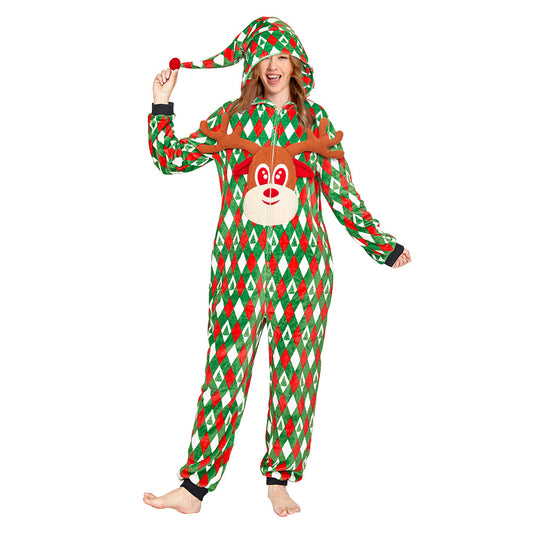 OLAOLA Printed Diamond Elk Flannel Pajamas Plush Animals Onesie Adult Soft Sleepwear Christmas Carnival Suit