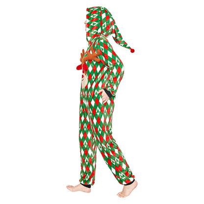 OLAOLA Printed Diamond Elk Flannel Pajamas Plush Animals Onesie Adult Soft Sleepwear Christmas Carnival Suit