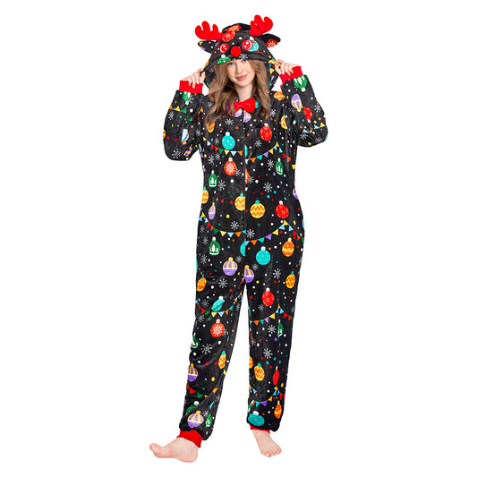 OLAOLA Elk Printed Colored Lights Black Pajamas Plush Animals Onesie Sleepwear Christmas Party Suit For Adult
