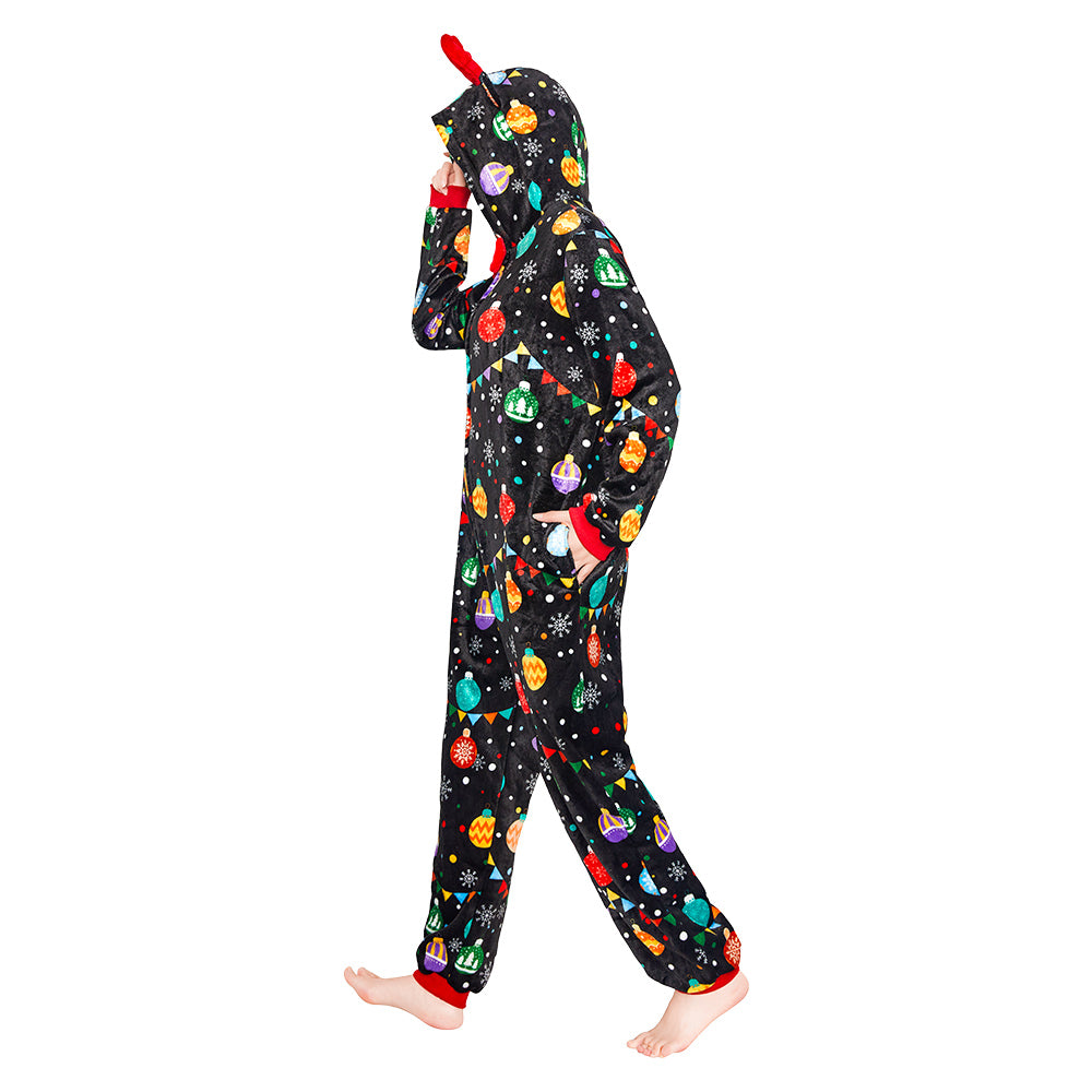 OLAOLA Elk Printed Colored Lights Black Pajamas Plush Animals Onesie Sleepwear Christmas Party Suit For Adult