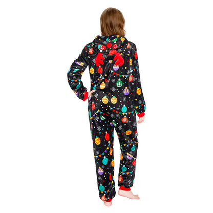 OLAOLA Elk Printed Colored Lights Black Pajamas Plush Animals Onesie Sleepwear Christmas Party Suit For Adult