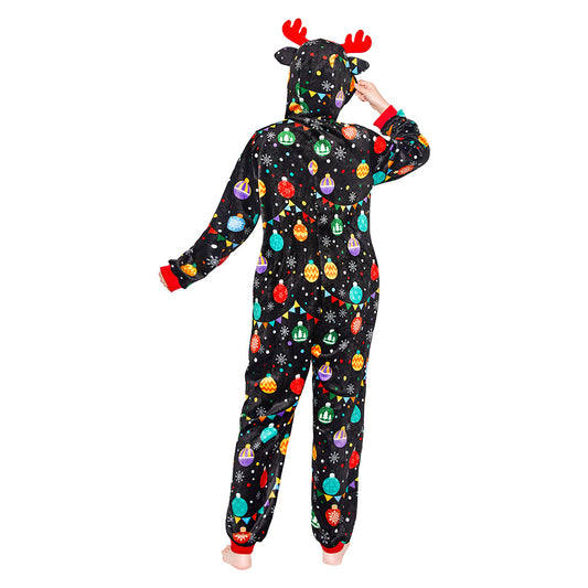 OLAOLA Elk Printed Colored Lights Black Pajamas Plush Animals Onesie Sleepwear Christmas Party Suit For Adult