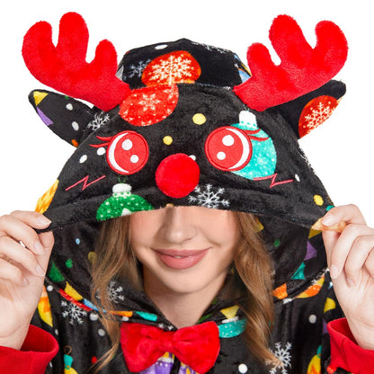 OLAOLA Elk Printed Colored Lights Black Pajamas Plush Animals Onesie Sleepwear Christmas Party Suit For Adult