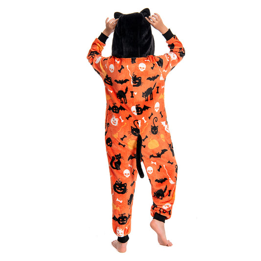 OLAOLA Kids Yellow Printed Cat Pajamas Plush Animals Onesie Soft Sleepwear Halloween Carnival Suit