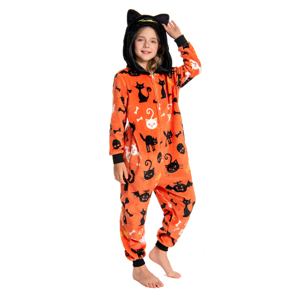 OLAOLA Kids Yellow Printed Cat Pajamas Plush Animals Onesie Soft Sleepwear Halloween Carnival Suit