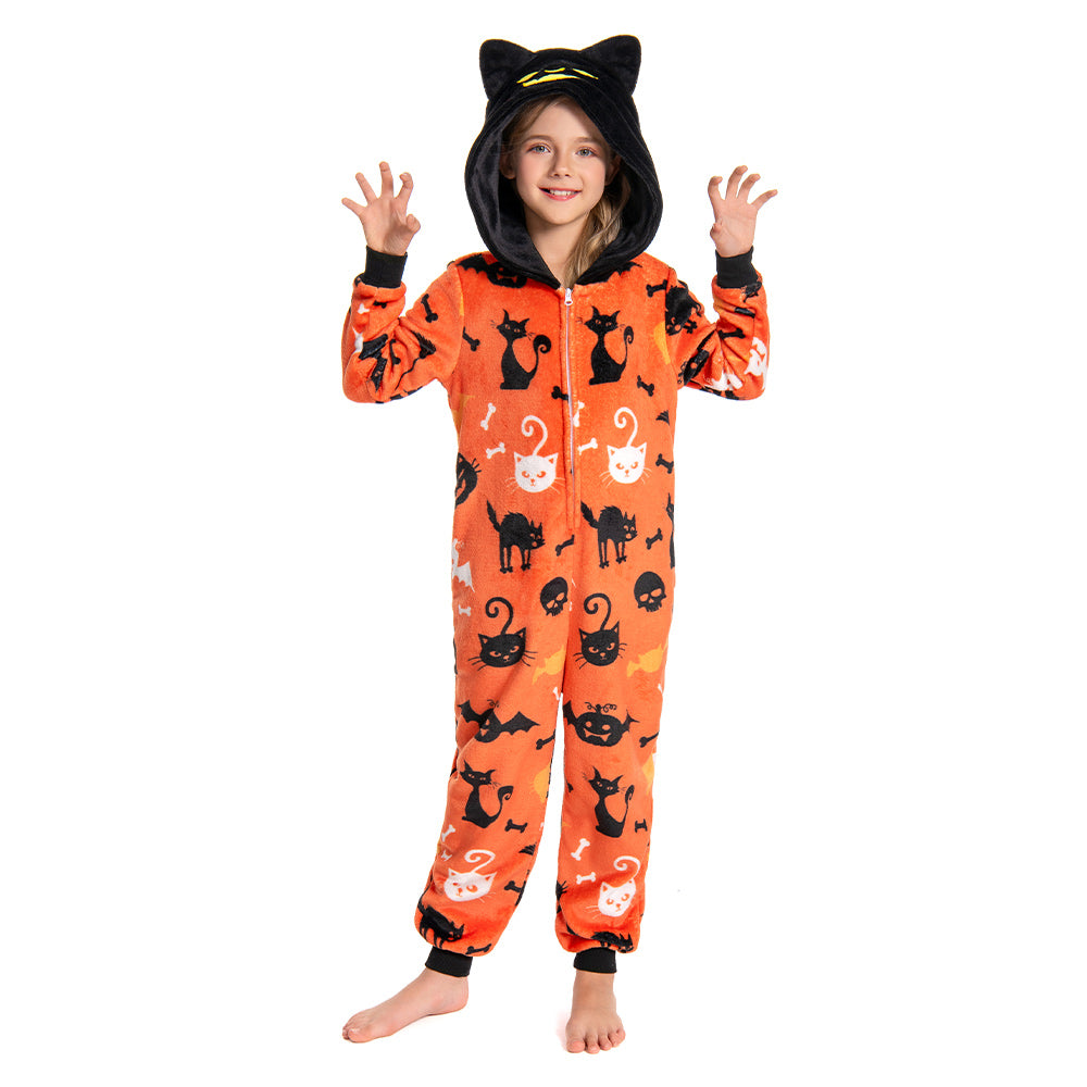 OLAOLA Kids Yellow Printed Cat Pajamas Plush Animals Onesie Soft Sleepwear Halloween Carnival Suit