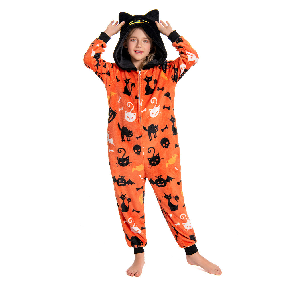 OLAOLA Kids Yellow Printed Cat Pajamas Plush Animals Onesie Soft Sleepwear Halloween Carnival Suit