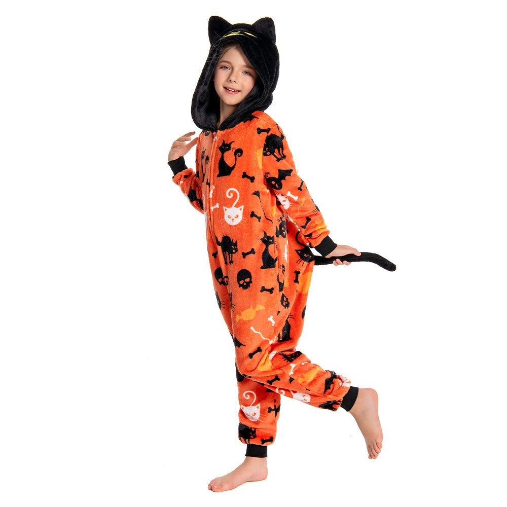 OLAOLA Kids Yellow Printed Cat Pajamas Plush Animals Onesie Soft Sleepwear Halloween Carnival Suit