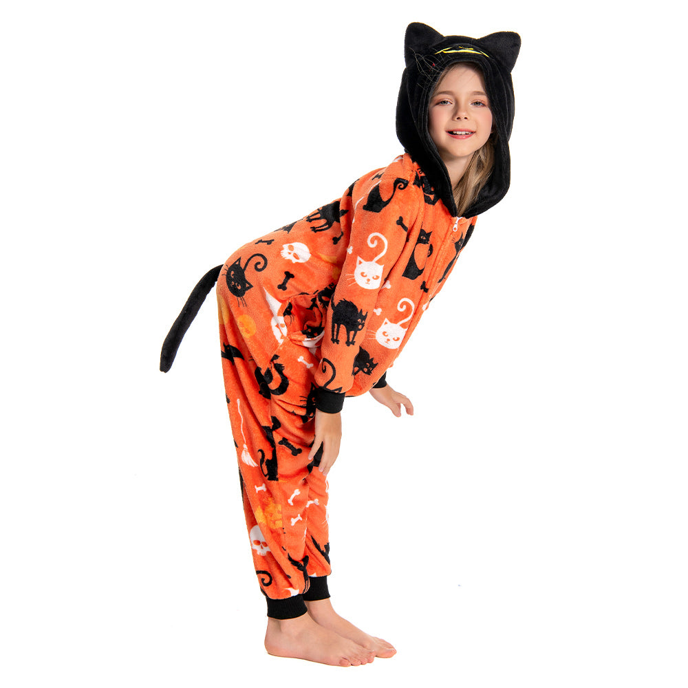 OLAOLA Kids Yellow Printed Cat Pajamas Plush Animals Onesie Soft Sleepwear Halloween Carnival Suit