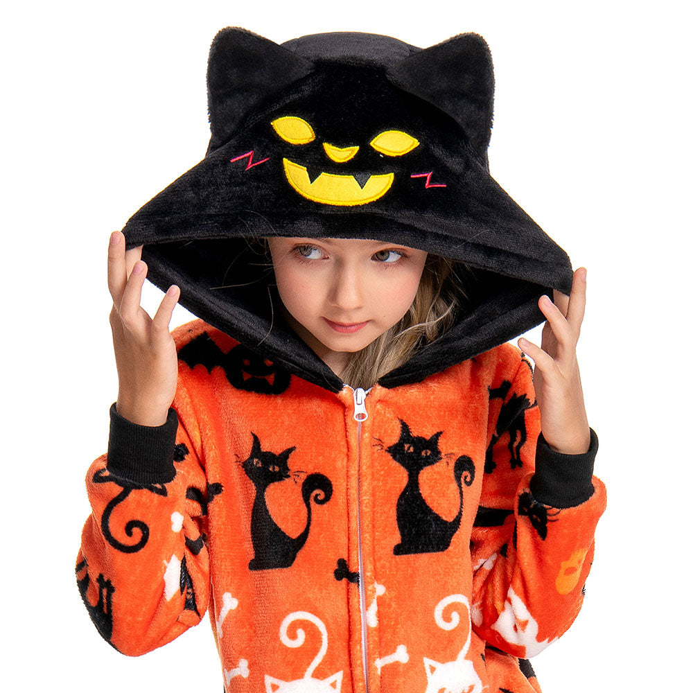 OLAOLA Kids Yellow Printed Cat Pajamas Plush Animals Onesie Soft Sleepwear Halloween Carnival Suit