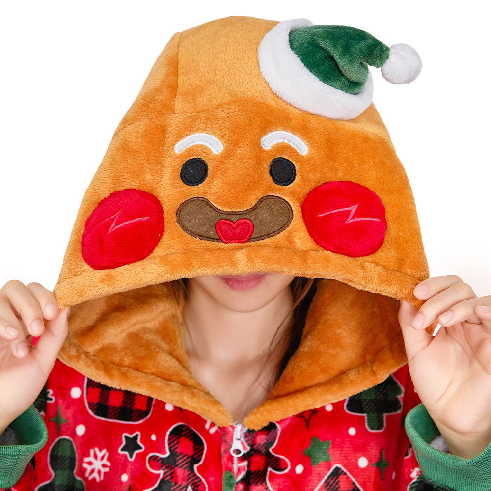 OLAOLA Red Gingerbread Man Printed Adult Pajamas Plush Sleeping Onesie Warm Home One-Piece Sleepwear Christmas Party Suit