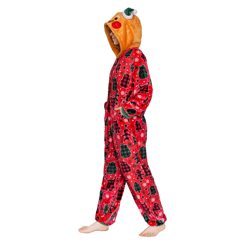 OLAOLA Red Gingerbread Man Printed Adult Pajamas Plush Sleeping Onesie Warm Home One-Piece Sleepwear Christmas Party Suit