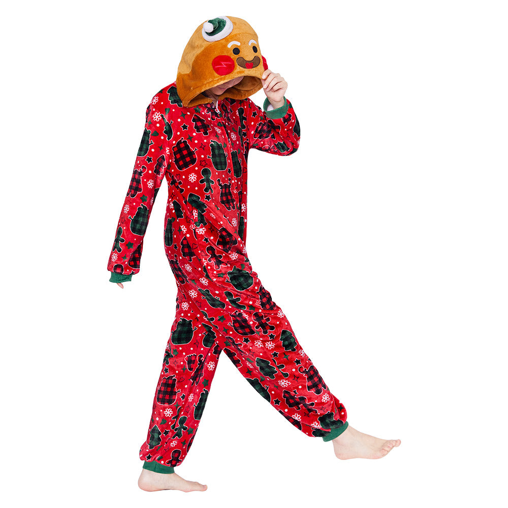 OLAOLA Red Gingerbread Man Printed Adult Pajamas Plush Sleeping Onesie Warm Home One-Piece Sleepwear Christmas Party Suit