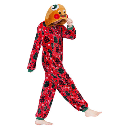 OLAOLA Red Gingerbread Man Printed Adult Pajamas Plush Sleeping Onesie Warm Home One-Piece Sleepwear Christmas Party Suit