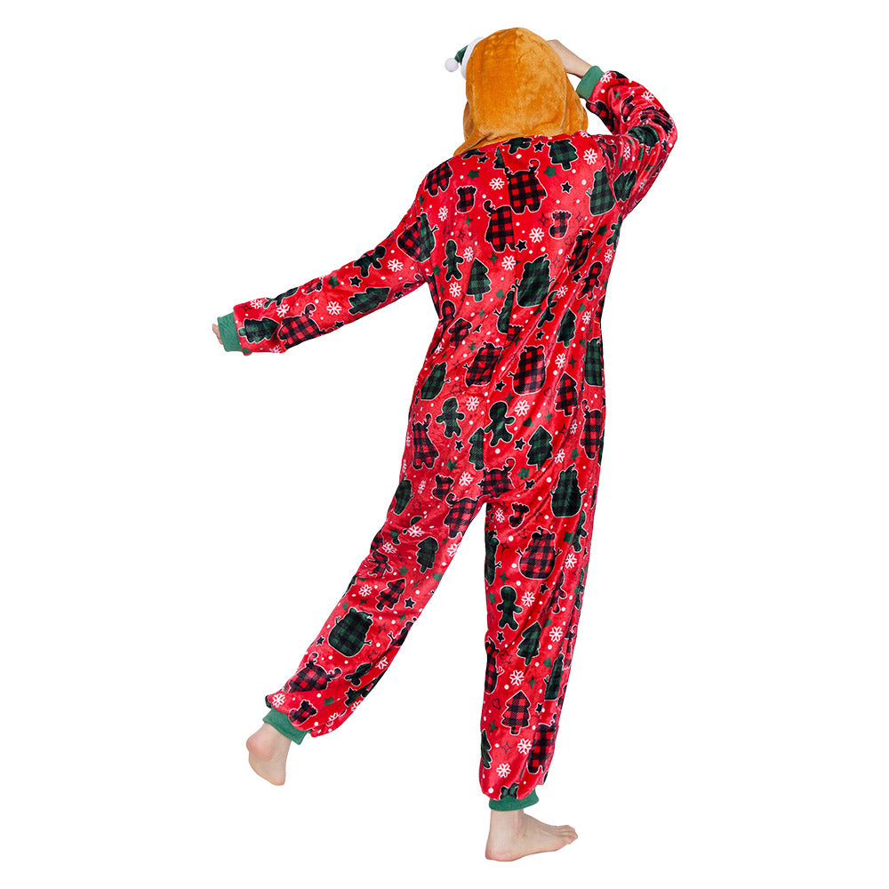 OLAOLA Red Gingerbread Man Printed Adult Pajamas Plush Sleeping Onesie Warm Home One-Piece Sleepwear Christmas Party Suit