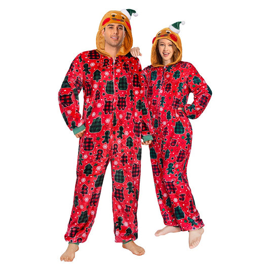 OLAOLA Red Gingerbread Man Printed Adult Pajamas Plush Sleeping Onesie Warm Home One-Piece Sleepwear Christmas Party Suit