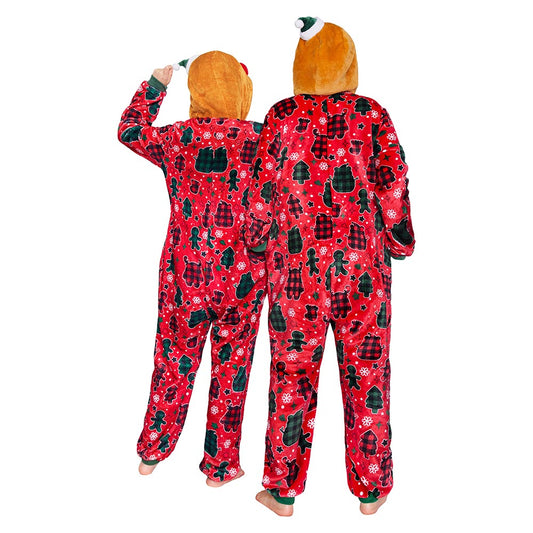 OLAOLA Red Gingerbread Man Printed Adult Pajamas Plush Sleeping Onesie Warm Home One-Piece Sleepwear Christmas Party Suit