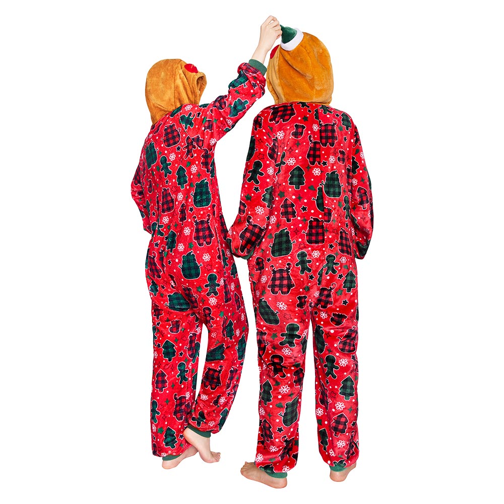 OLAOLA Red Gingerbread Man Printed Adult Pajamas Plush Sleeping Onesie Warm Home One-Piece Sleepwear Christmas Party Suit