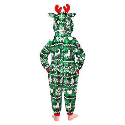 OLAOLA Kids Green Elk Printed Pajamas Plush Animals Onesie Sleepwear Christmas Party Suit