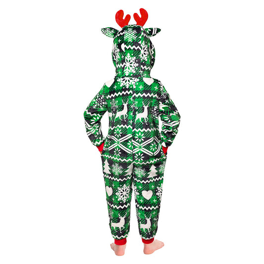 OLAOLA Kids Green Elk Printed Pajamas Plush Animals Onesie Sleepwear Christmas Party Suit