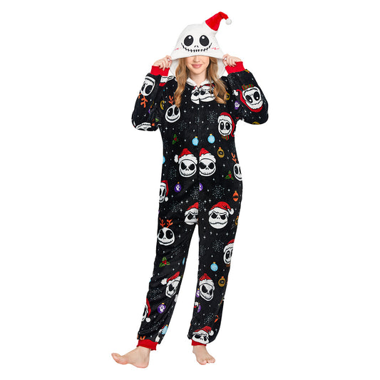 OLAOLA Skeleton Adult Printed Pajamas Plush Sleeping Onesie Warm Home One-Piece Sleepwear Halloween Party Suit