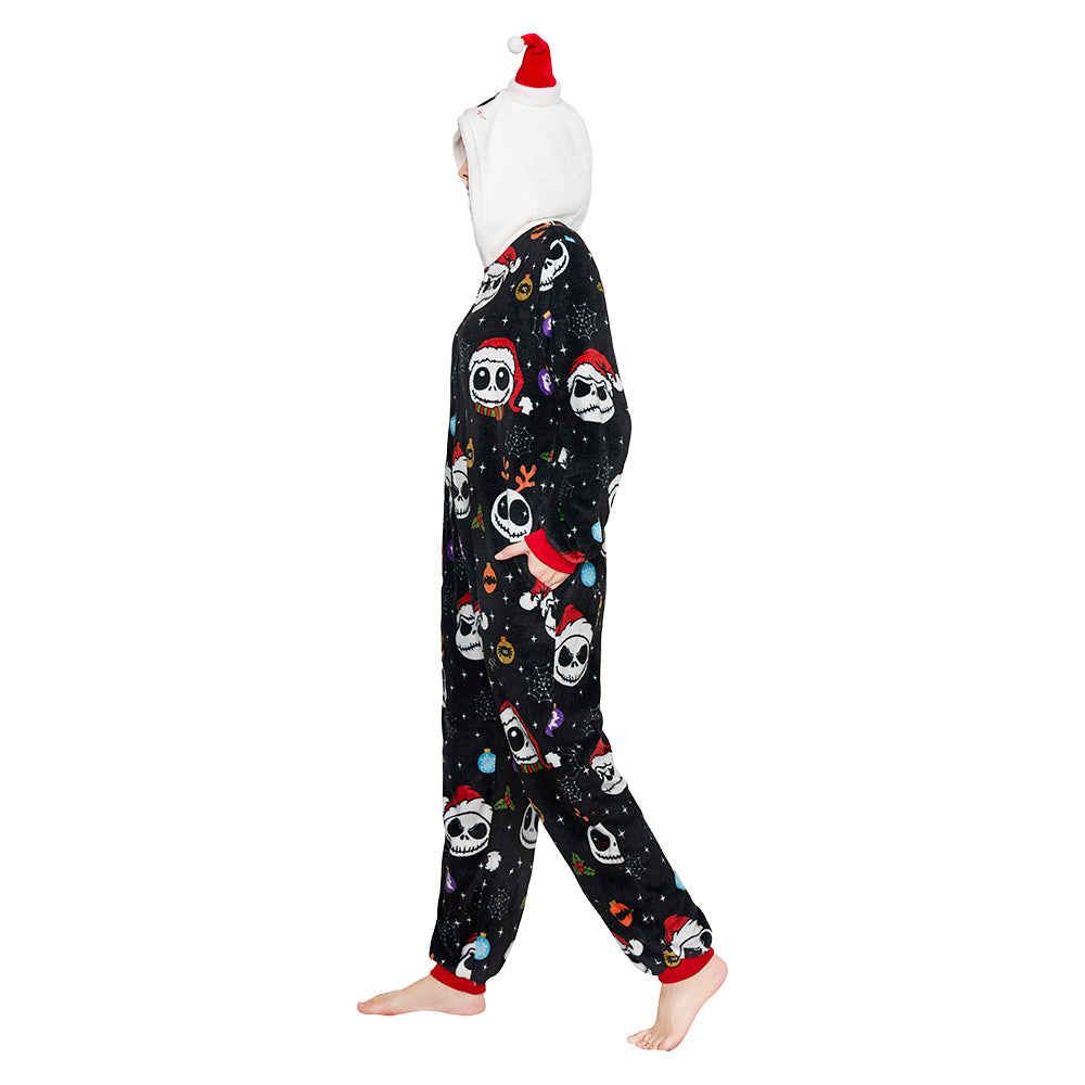 OLAOLA Skeleton Adult Printed Pajamas Plush Sleeping Onesie Warm Home One-Piece Sleepwear Halloween Party Suit