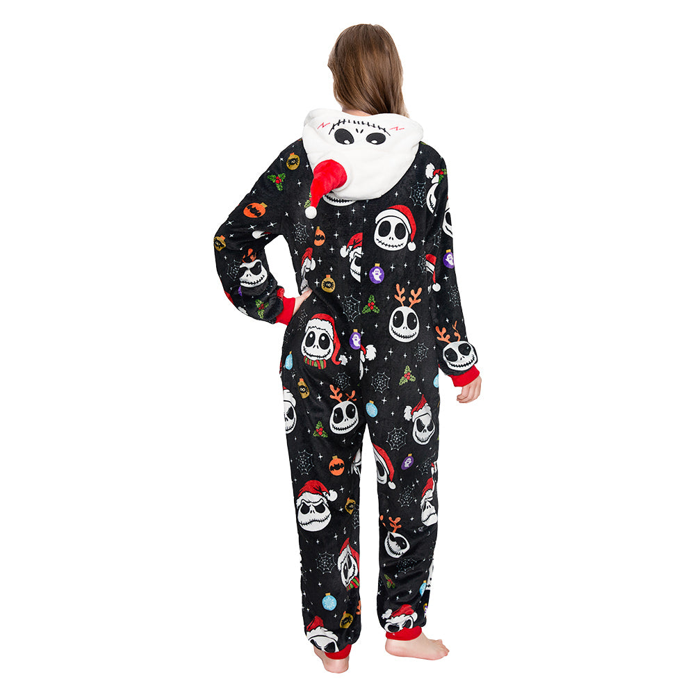 OLAOLA Skeleton Adult Printed Pajamas Plush Sleeping Onesie Warm Home One-Piece Sleepwear Halloween Party Suit