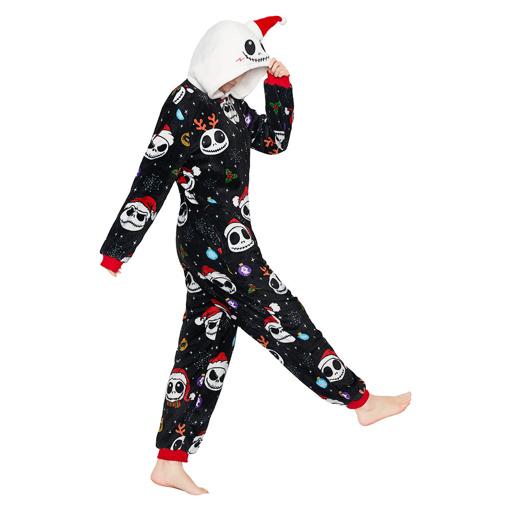 OLAOLA Skeleton Adult Printed Pajamas Plush Sleeping Onesie Warm Home One-Piece Sleepwear Halloween Party Suit