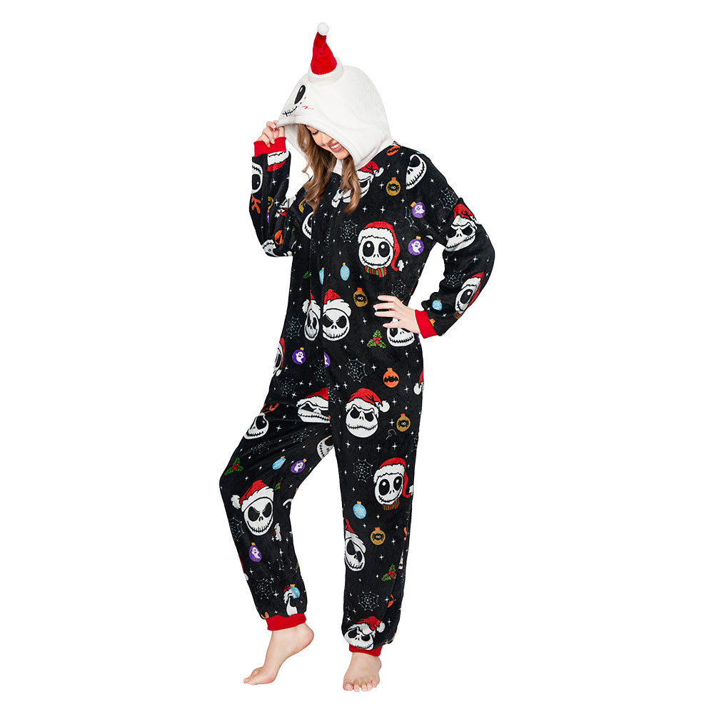 OLAOLA Skeleton Adult Printed Pajamas Plush Sleeping Onesie Warm Home One-Piece Sleepwear Halloween Party Suit