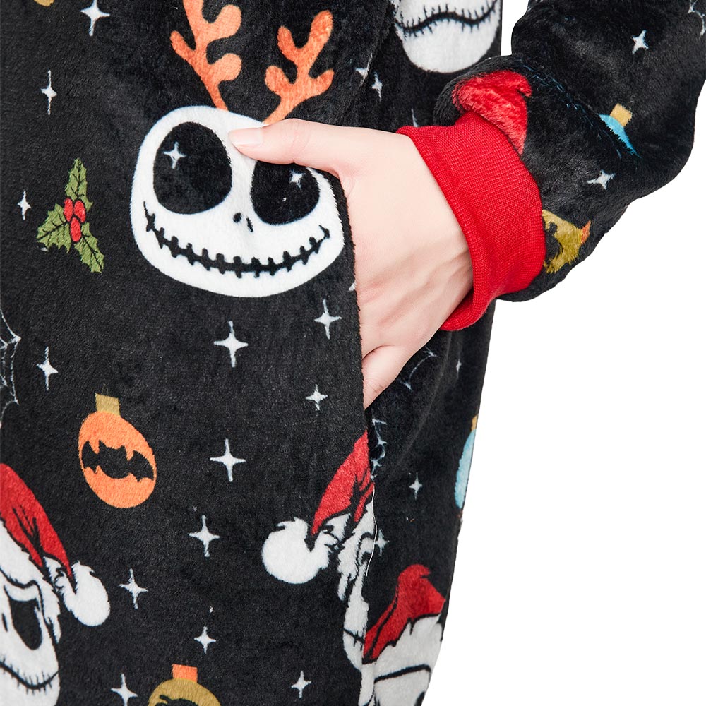 OLAOLA Skeleton Adult Printed Pajamas Plush Sleeping Onesie Warm Home One-Piece Sleepwear Halloween Party Suit