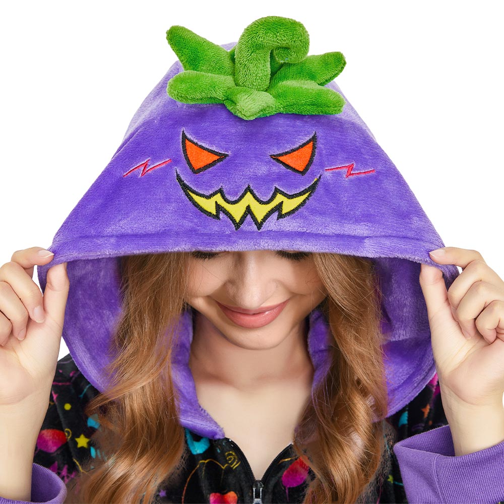 OLAOLA Purple Pumpkin Printed Pajamas Plush Animals Onesie Adult Soft Sleepwear Halloween Carnival Suit