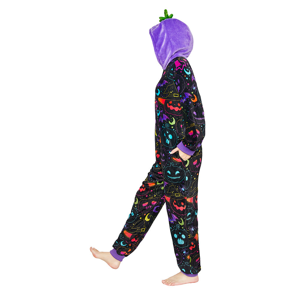 OLAOLA Purple Pumpkin Printed Pajamas Plush Animals Onesie Adult Soft Sleepwear Halloween Carnival Suit