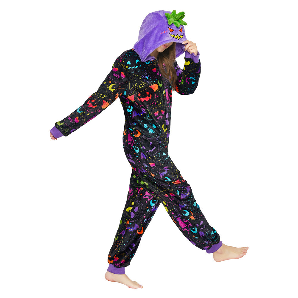 OLAOLA Purple Pumpkin Printed Pajamas Plush Animals Onesie Adult Soft Sleepwear Halloween Carnival Suit