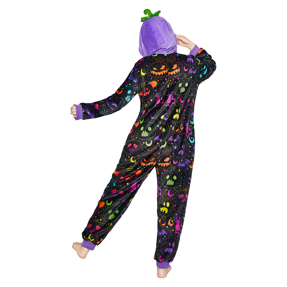 OLAOLA Purple Pumpkin Printed Pajamas Plush Animals Onesie Adult Soft Sleepwear Halloween Carnival Suit
